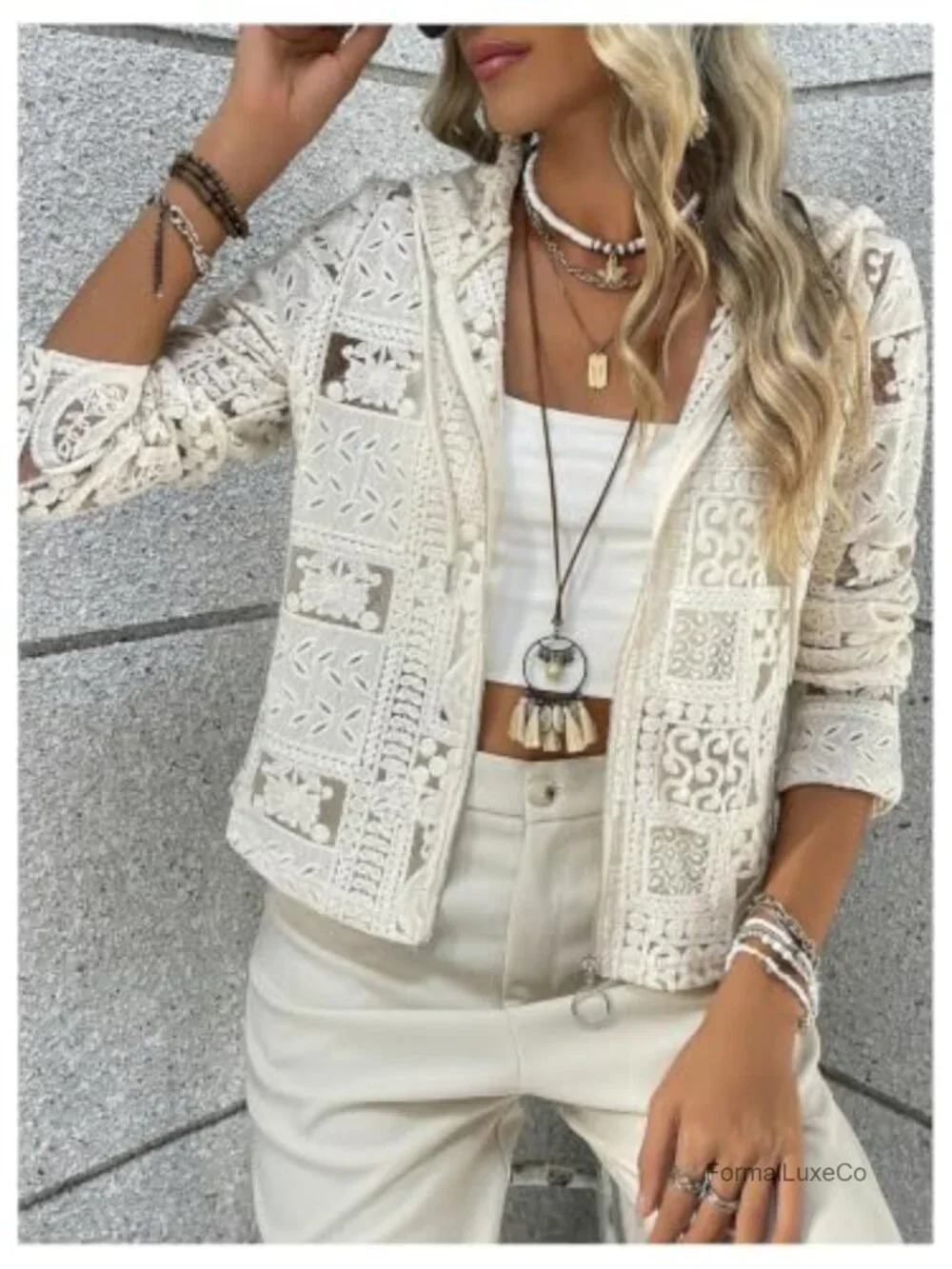 Lace Crochet Zip Up Cardigan Sheer Lightweight Casual Jacket